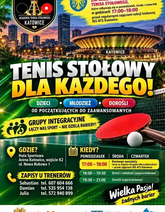 Bezpłatne zajęcia tenisa stołowego w Katowicach – dla dzieci, młodzieży i dorosłych